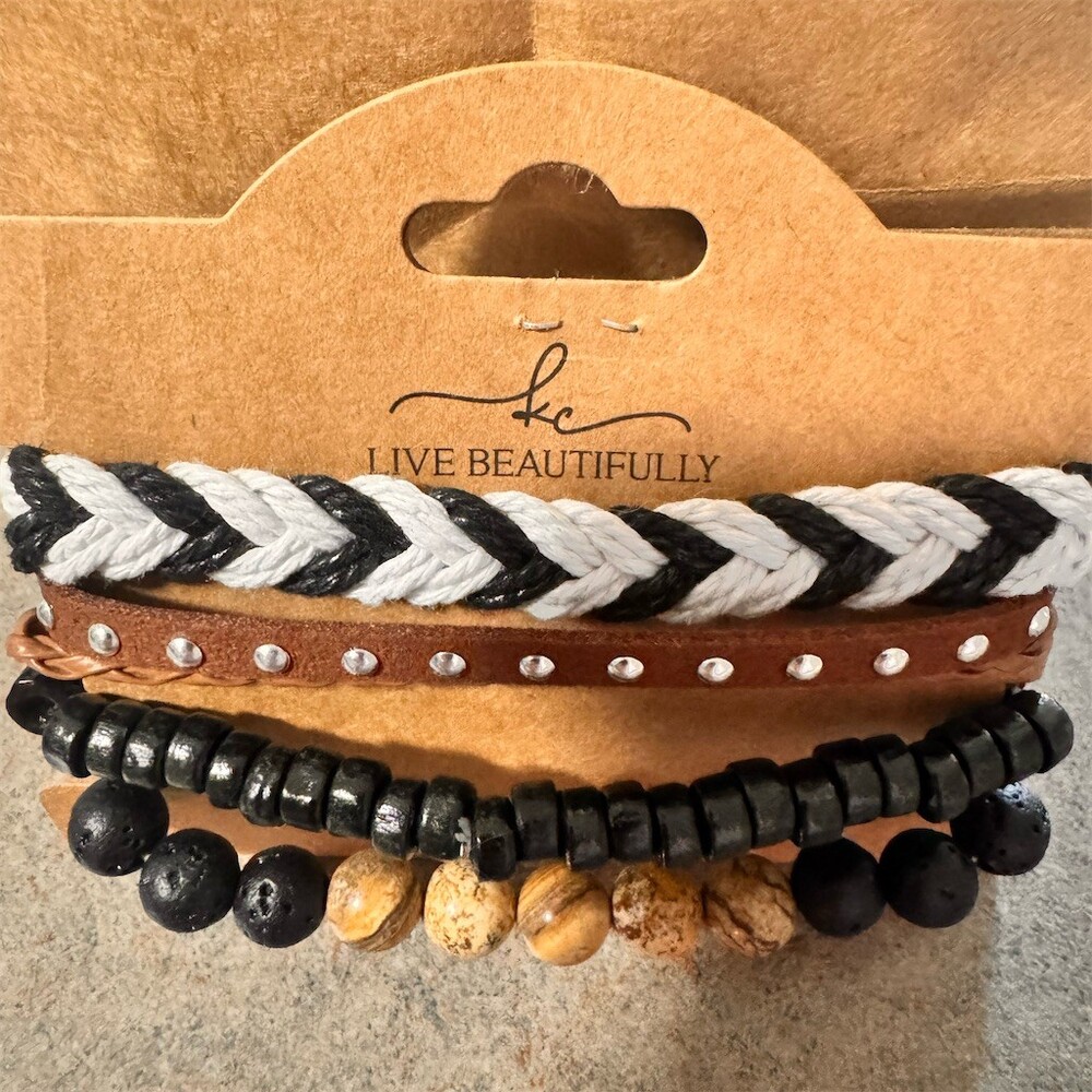 Live Beautifully Men's Bracelet Set 3pc Stackable Braided Beaded Stretch